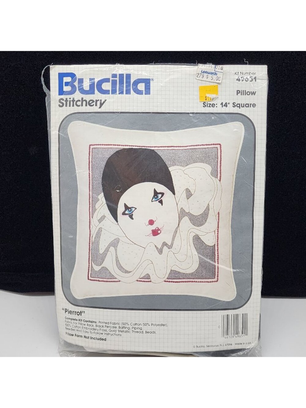 Bucilla Stitchery Pillow Kit Pierrot 14" Square Embroidery Set #49651 1980s